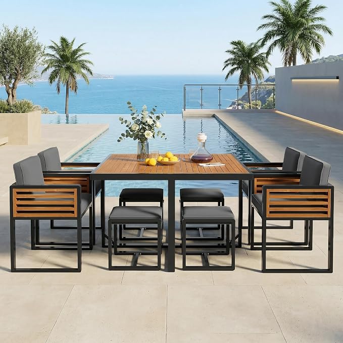 Merax 9-Piece Patio Dining Set for 8 People, Acacia Wood Outdoor Furniture Sets with 1 Square Table, 4 Cushioned Chairs and 4 Ottomans for Backyard, Garden, Lawn, Poolside, Space Saving Design, Gray