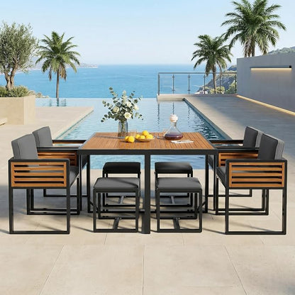 Merax 9-Piece Patio Dining Set for 8 People, Acacia Wood Outdoor Furniture Sets with 1 Square Table, 4 Cushioned Chairs and 4 Ottomans for Backyard, Garden, Lawn, Poolside, Space Saving Design, Gray