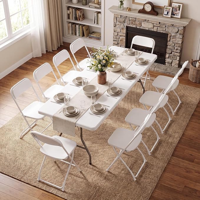 Sweetcrispy 8 FT Folding Picnic Table with 10 White Folding Chairs, Easy to Fold and Store, Foldable Table for Camping Picnic Dining Party Kitchen Outdoor Indoor with Carrying Handle