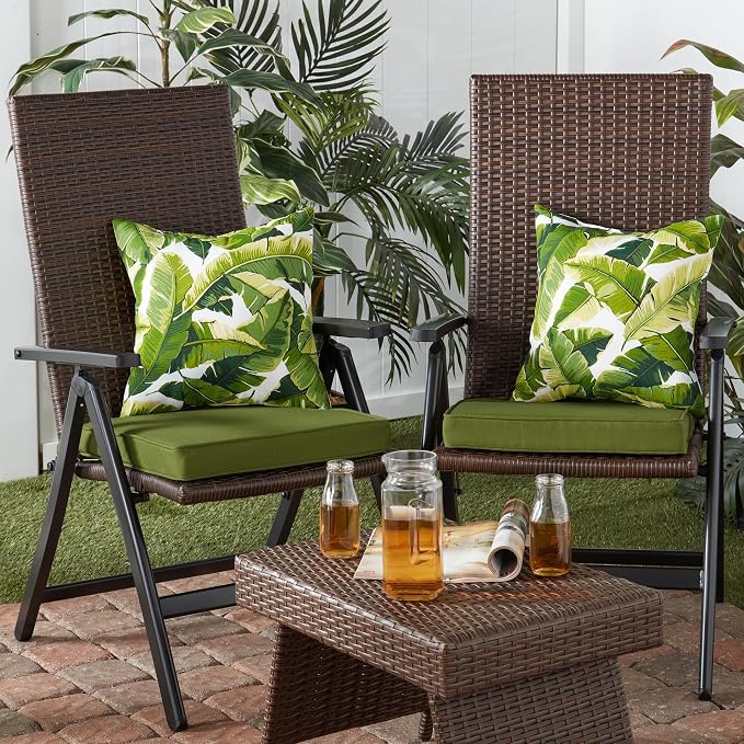 Outdoor 18 inch Square Patio Dining Chair Pads – Comfortable Fiber-Filled Seat Cushions with Ties, Reversible Polyester Fabric - Hunter Green, Set of 2