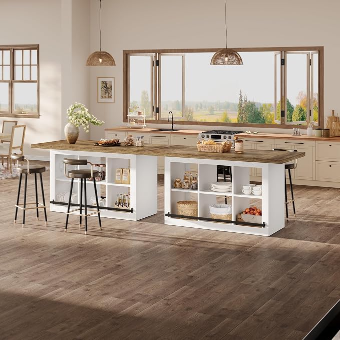 Tribesigns Kitchen Island with Storage, Farmhouse Island Bar, Brown&White | 62.6" Wooden Stationary Kitchen Storage Island Counter Height with 6 Open Cubbies and Footrests for Dining Room, Vintage