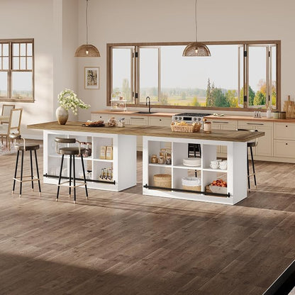 Tribesigns Kitchen Island with Storage, Farmhouse Island Bar, Brown&White | 62.6" Wooden Stationary Kitchen Storage Island Counter Height with 6 Open Cubbies and Footrests for Dining Room, Vintage