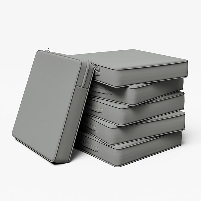 Outdoor Chair Cushion 22 x 22 x 4 Inches Patio Furniture Outdoor Waterproof Seat Cushion, Patio Chair Cushion with Handles and Ties, Square Dining Chair Cushion Set of 6, Light Grey