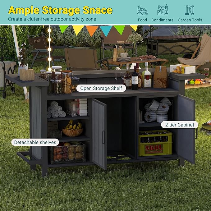 Domi Outdoor Bar Table, Home Bar Unit with Aluminum Frame, Patio Bar Table with Storage Cabinet & Footrest, Liquor Cabinet Bar for Patio Backyard Home Kitchen, Gray, 75.98" x 28.94"