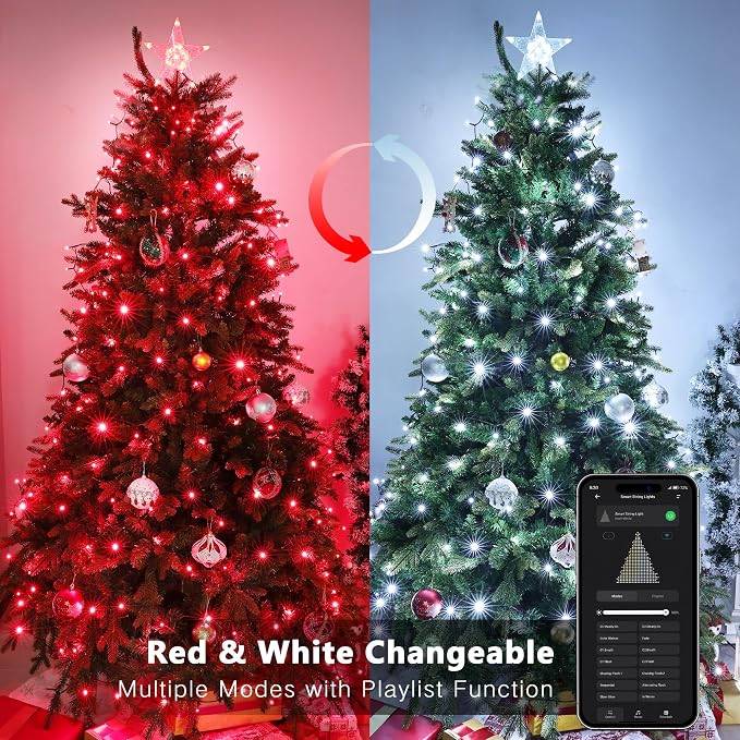 Brizled Smart Red & White Christmas Lights, 66 ft 200 LED Color Changing | App & Voice Control, Dimmable Twinkle Mini String Lights Music Sync for Indoor Outdoor Xmas Tree Valentines Wedding Party