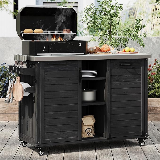 RUNNA 78.3" Outdoor Kitchen Island with Foldable Grill Table, Wooden Outdoor Grill Cart with Trash Can Storage & Stainless Steel Top, Outdoor Bar Cart, Pizza Oven Table for Lawn & Garden (Black@76)