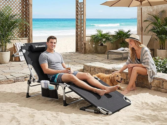 FUNDANGO Oversize Lounge Chair Outdoor, 300 lbs Large Camping Cots for Adults Heavy Duty Extra Wide Sturdy with Pillow for Outside Patio Beach Pool
