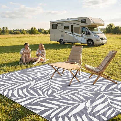 Smiry Outdoor Rug 6x9 ft Waterproof Reversible Leaf Mat, Grey & White | Polypropylene Plastic Straw, Quick Drying, Lightweight Foldable, for Patio, Deck, RV Camping, Backyard and Indoor Outdoor Use