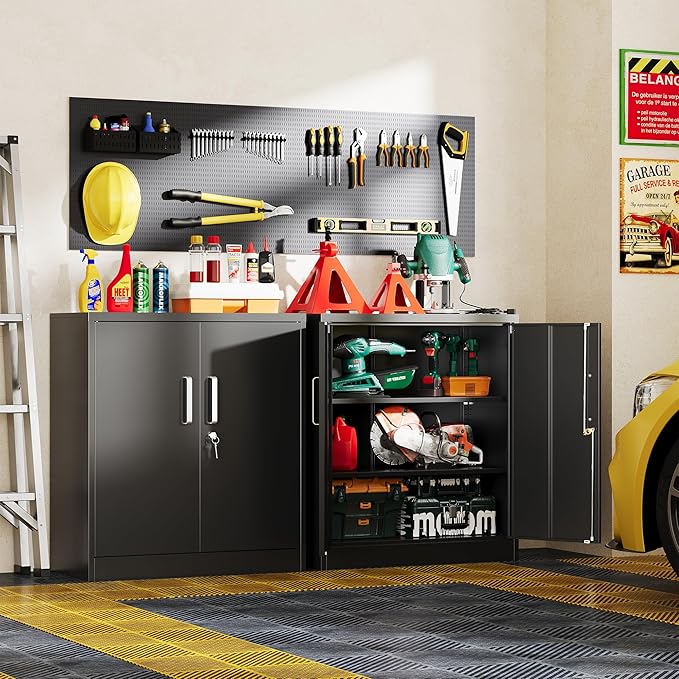 Metal Garage Storage Cabinet with Doors and Adjustable Shelves, 35.4" Locker Organizer Steel Garage Cabinets, Lockable File Cabinet for Home, Office, Warehouse, Tools