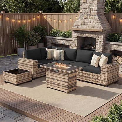 UDPATIO Patio Furniture Set with Fire Pit Table, 8 Inch Armrest Outdoor Sectional Sofas, 8 Piece All-Weather Wicker Conversation for Garden, Backyard