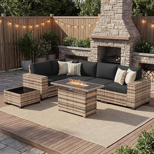 UDPATIO Patio Furniture Set with Fire Pit Table, 8 Inch Armrest Outdoor Sectional Sofas, 8 Piece All-Weather Wicker Conversation for Garden, Backyard