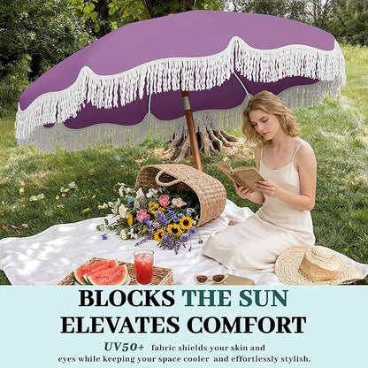 AreShark 7ft Patio Umbrella with Fringe, UPF50+ Beach Umbrella for Table, Pool & Garden, Portable Outdoor Tassels Umbrella w/Fiberglass Ribs&Push Bottom Tilt(Lavender)