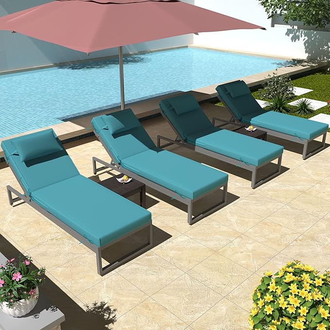 Chaise Lounge Cushions Outdoor Set of 2 Lounge Chair Cushion 80" L x 26" W with Headrest Straps 3'' Thick Waterproof Patio Chaise Cushions Pool Lounger Chair Cushion(Turquoise)