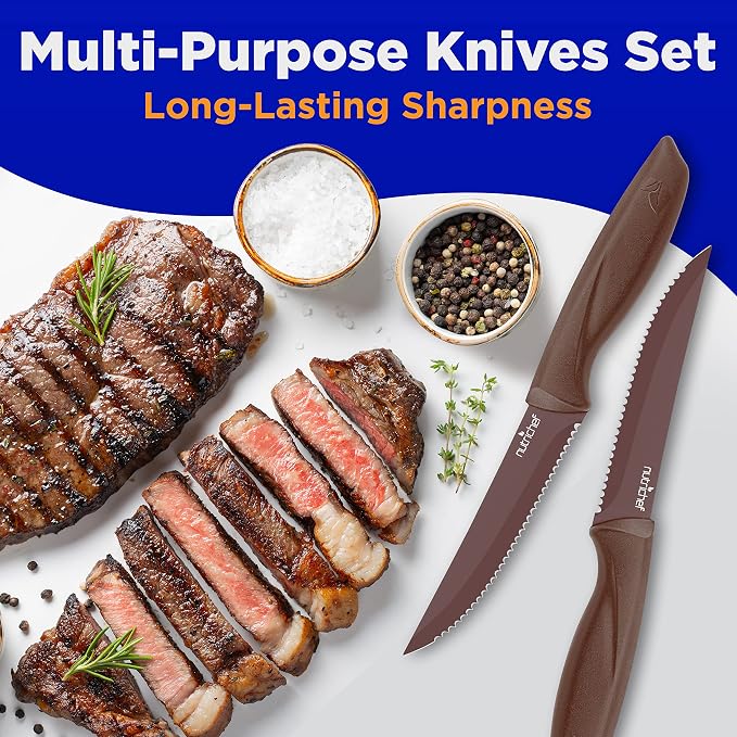 SereneLife Stainless Steel Knife Set, 8 Pcs. - Non-Stick Coating, Sharp Serrated Blades, Professional Kitchen Set, Rust-Resistant, Dishwasher Safe, Ideal for BBQ & Grilling, Yellow