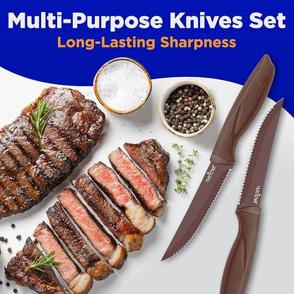SereneLife Stainless Steel Knife Set, 8 Pcs. - Non-Stick Coating, Sharp Serrated Blades, Professional Kitchen Set, Rust-Resistant, Dishwasher Safe, Ideal for BBQ & Grilling, Yellow