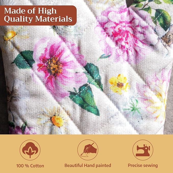 Maison d'Hermine Oven Gloves 100% Cotton Oven Mitt (7" x 13", Pack of 1) | With Loop Heat Resistant BBQ Cooking Gloves Baking Grilling Kitchen Handling Hot Pans Spring Summer - Pivoine