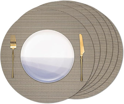 15 Inch Round Placemats Set of 6, Washable Vinyl Woven Place Mats | Heat Resistant Non-Slip Braided Table Mats for Dining Table Kitchen Indoor & Outdoor Use (Golden Silver, Set of 6)