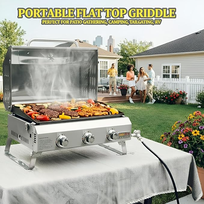 ONLYFIRE GRILLS Tabletop Gas Griddle with Foldable Legs, Portable 3-Burner Propane Gas Grill Griddle Flat Top for Outdoor Cooking Patio Barbecue Camping Tailgating RV BBQ, Stainless Steel, #GS309