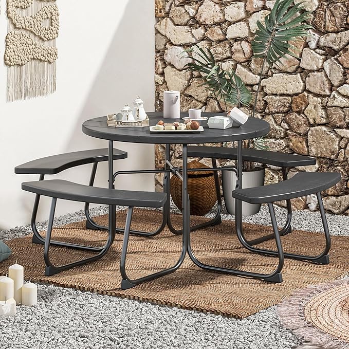 COSTWAY Round Picnic Table with Umbrella Hole, Outdoor Picnic Table with Bench Set for 4-8 People, HDPE Tabletop, Patio Dining Furniture Set for Family Gatherings, BBQ Party, Backyard (Black)