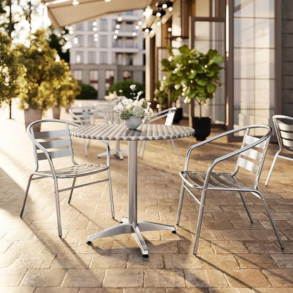 Flash Furniture Lila 31.5'' Round Aluminum Indoor-Outdoor Table Set with 2 Slat Back Chairs | Indoor/Outdoor Use, Slat Back Chairs