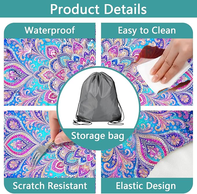 Picnic Table Cover with Bench Covers Boho Mandala Camping Essentials Waterproof Windproof Elastic Fitted Tablecloths for 6 Foot Rectangle Table, Tablecloth for Outdoor Backyard Patio BBQ Garden