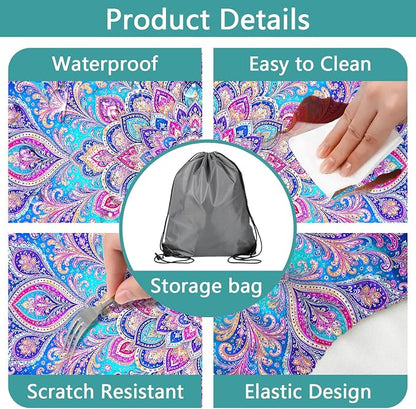 Picnic Table Cover with Bench Covers Boho Mandala Camping Essentials Waterproof Windproof Elastic Fitted Tablecloths for 6 Foot Rectangle Table, Tablecloth for Outdoor Backyard Patio BBQ Garden