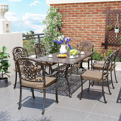 Pamapic 7-Piece Outdoor Dining Set,Cast Aluminum Patio Furniture with Vintage Table & 6 Stackable Chairs, Outdoor Furniture Set for Garden, Poolside (with 6 Cushion,Bronze)