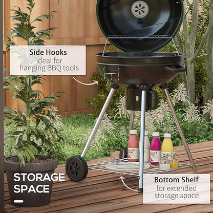 21" Kettle Charcoal BBQ Grill Trolley with 360 sq.in. Cooking Area, Outdoor Barbecue with Shelf, Wheels, Ash Catcher and Built in Thermometer for Patio, Backyard Party, Green