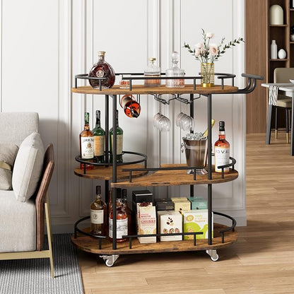 Garvee Bar Serving Cart with Wine Rack and Glass Holder, 3-Tier Rolling Serving Cart with 4 Wheels, Small Serving Table for Living Room, Kitchen, Dining Room, Black+Retro Brown