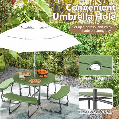 COSTWAY Round Picnic Table with Umbrella Hole, Outdoor Picnic Table with Bench Set for 4-8 People, HDPE Tabletop, Patio Dining Furniture Set for Family Gatherings, BBQ Party, Backyard (Green)