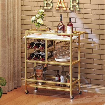 MAHANCRIS Bar Cart for Home, 3-Tier Serving Cart with Wheels and Handle, Beverage Cart with Wine Rack and Glass Holders, Rolling Wine Cart for Kitchen, Dining Room, Gold and White RCJM6101