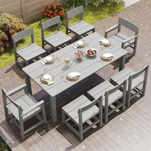 Jocoevol 9 Piece Patio Dining Sets for 8 HIPS Outdoor Dining Table Set with Umbrella Hole Table and 8 Chairs Furniture for Backyard Poolside Garden, Grey