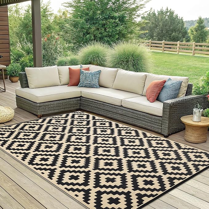 Smiry Outdoor Rug 6x9 ft Waterproof Reversible Boho Mat, Black & Beige | Polypropylene Plastic Straw, Quick Drying, Lightweight Foldable, for Patio, Deck, RV Camping, Backyard and Indoor Outdoor Use