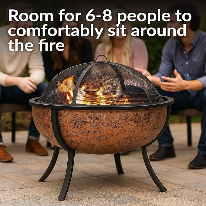 Sunnydaze 32-Inch Fire Pit for Outside - Wood-Burning Fire Pit Bowl with Spark Screen, Wood Grate, and Poker - Copper