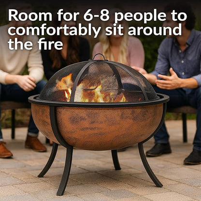 Sunnydaze 32-Inch Fire Pit for Outside - Wood-Burning Fire Pit Bowl with Spark Screen, Wood Grate, and Poker - Copper