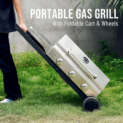 BBQ Gas Grill 3-Burner with Foldable Cart & Side Table, Premium Portable Propane Grill with 22" Cooking Grate for Outdoor Patio Backyard Barbecue Camping Tailgating RV, Stainless Steel, Classic GS308
