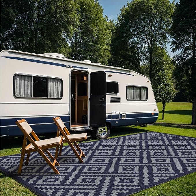 GENIMO Outdoor Rug, Waterproof Plastic Rugs 10'x14' for Camping Blue Grey | Outside Larger Modern Carpet Mat for Patio Decor, RV, Porch, Camper, Deck, Picnic, Beach, Backyard, Reversible, Foldable
