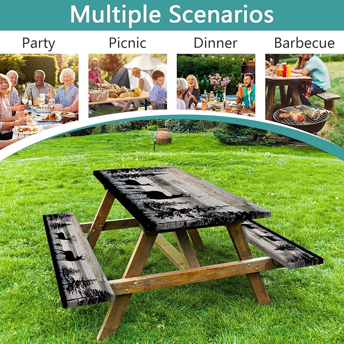 Forest Deer Picnic Table Cover with Bench Covers and Bag, Camping Essentials, Waterproof Windproof, Fitted Tablecloth Cover with Elastic Edge, for Indoor & Outdoor, Garden, 3 PCS, 30x60 Inch
