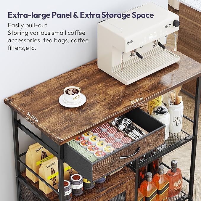 SWTYMIKI 33.31''x14.25'' Coffee Bar Cabinet - Large Farmhouse Coffee Stand Station Multi-Purpose Buffet Sideboard Cabinet with Drawers - Kitchen Bar Table for Living Room, Small Space, Espresso