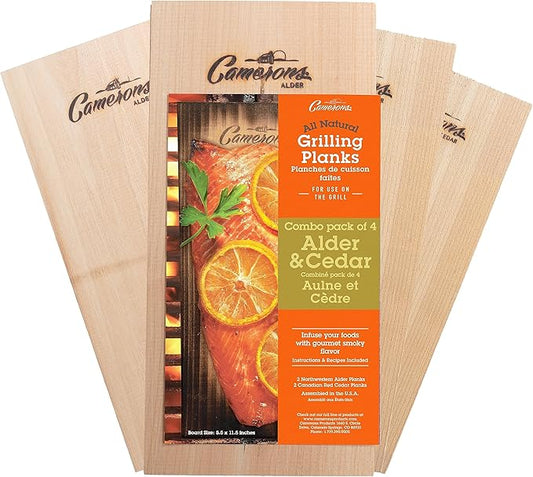 Camerons Cedar & Alder Grilling Planks - 4 Pack (5.5x11.5") - Premium Natural Wood - Easily Infuse Smoky Flavor into BBQ Salmon, Fish, Pork, Veggies, and More - Sourced in the USA - Grilling Gift Idea