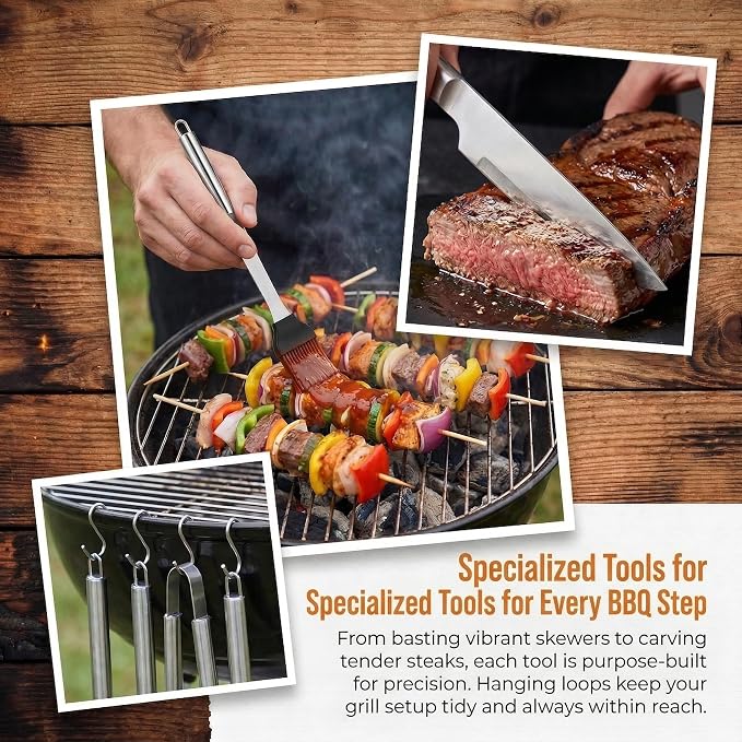 9-Piece BBQ Grill Tool Set, Stainless Steel with Storage Bag | Nine piece set of stainless steel grill tools. Very suitable for camping, backyard gatherings, outdoor barbecues