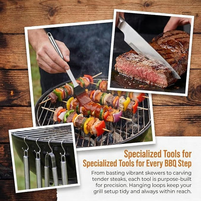 9-Piece BBQ Grill Tool Set, Stainless Steel with Storage Bag | Nine piece set of stainless steel grill tools. Very suitable for camping, backyard gatherings, outdoor barbecues