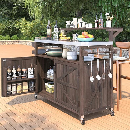 Outdoor Kitchen Island with Raised Shelf, Storage Cabinet with Stainless Steel Top,Outdoor Rolling Grill Cart with Internal Storage Rack, Adjustable Shelf,Spice Rack (Brown-@Outdoor cart)