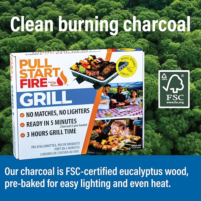 Pull Start Fire Grill, Natural Hardwood Charcoal, Portable 3hr Burn, 1 Pack | Pull Start Matchless Ignition, Ready in 5 Mins, Clean Burn, No Lighter Fluid, Disposable, Tailgate, Camping, Beach, Backyard
