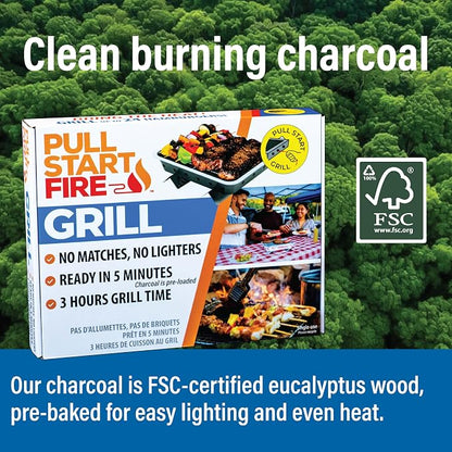 Pull Start Fire Grill, Natural Hardwood Charcoal, Portable 3hr Burn, 1 Pack | Pull Start Matchless Ignition, Ready in 5 Mins, Clean Burn, No Lighter Fluid, Disposable, Tailgate, Camping, Beach, Backyard