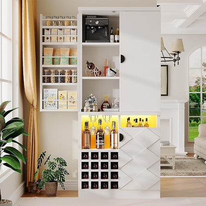 kepptory 72" Tall Kitchen Pantry Storage Cabinet, Freestanding Bar Cabinet with RGB LED Light, White Kitchen Buffet Sideboard with Doors for Dining Room Living Room