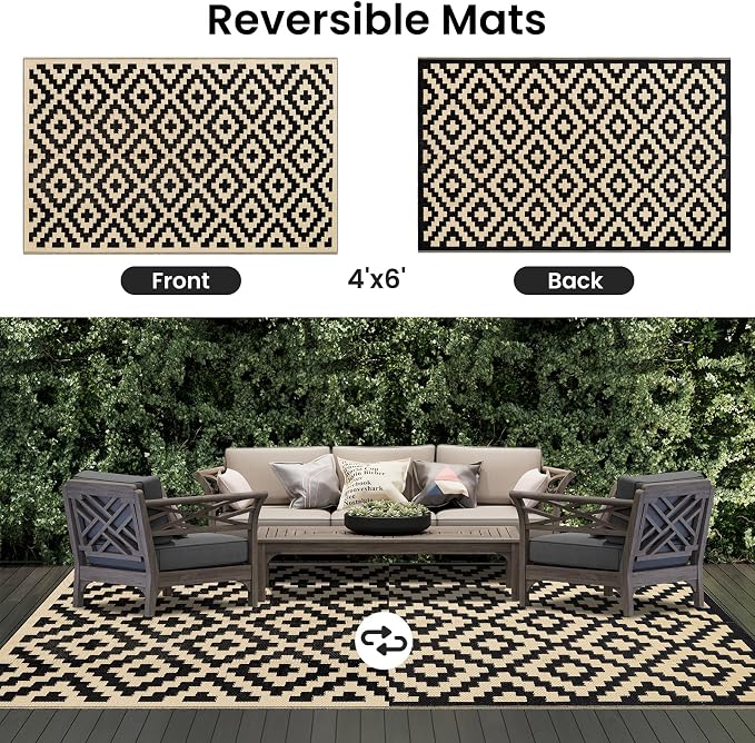 Smiry Outdoor Rug 4x6 ft Waterproof Reversible Boho Mat, Black & White | Polypropylene Plastic Straw, Quick Drying, Lightweight Foldable, for Patio, Deck, RV Camping, Backyard and Indoor Outdoor Use