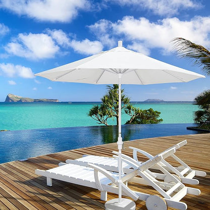 California Umbrella 9' Round Aluminum Market Umbrella, Crank Lift, Collar Tilt, White Pole, Woven Granite Olefin