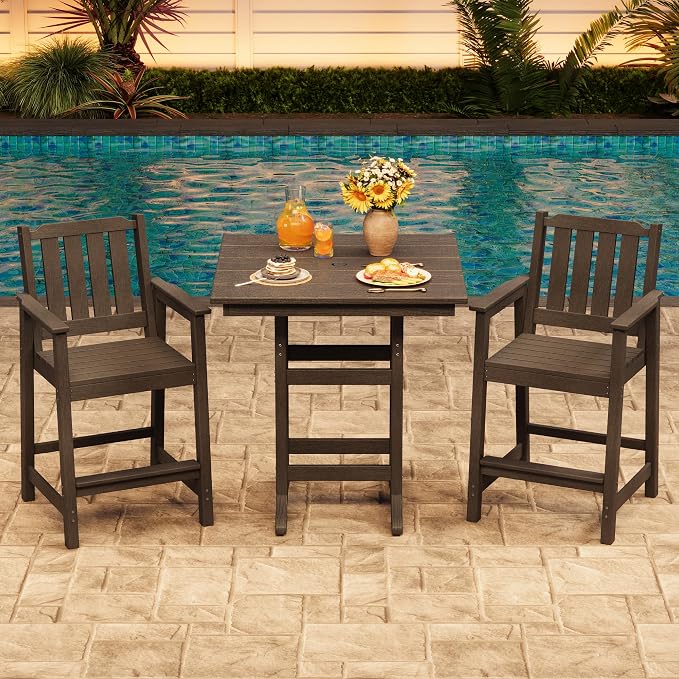 Garvee 3-Piece Outdoor Adirondack Bar Set, Patio Bar Table with 2 Bar Chairs, HDPE All-Weather Patio Bar Furniture Set with Umbrella Hole, for Balcony, Backyard, Poolside, Bistro