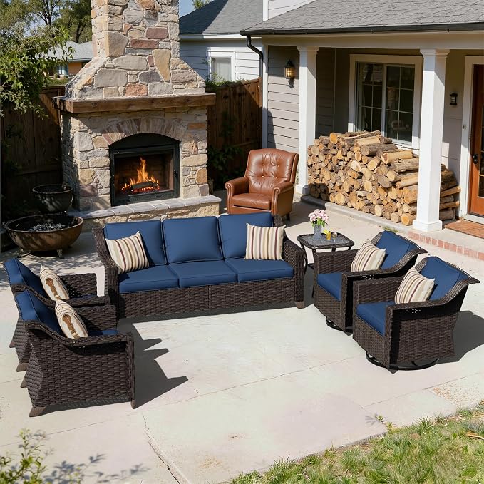 6 Piece Patio Furniture Set, Wicker Outdoor Conversation Set | Patio Chair Set with Olefin Removable Cushion, All-Weather Outdoor Couch with Deep Seat for Porch, Deck and Backyard, Blue